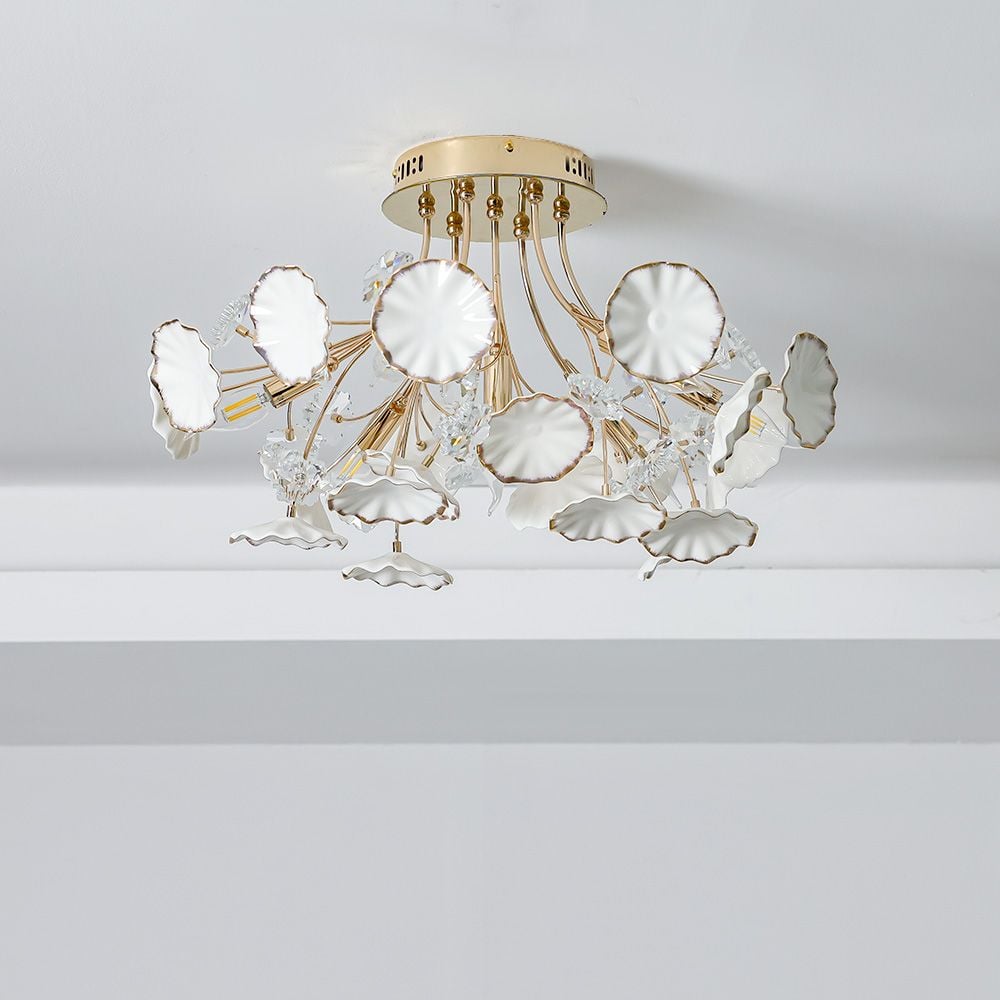 وحدة إضاءة روما المثبتة على السقف - سيراميك + معدن + كريستال - أبيض / ذهبي 