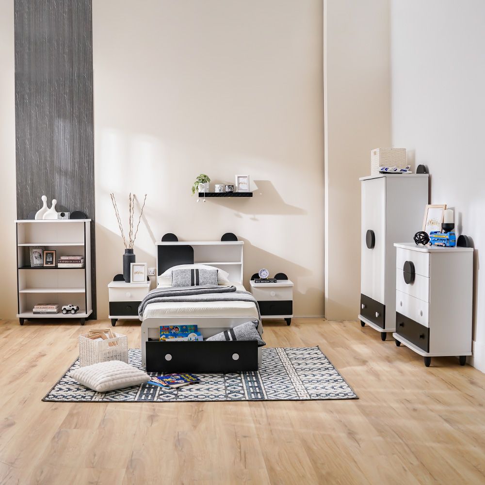 Panda 90x190 Bedroom Set with Headboard Storage & Front Drawer Storage-White/Black-With 2-Year Warranty